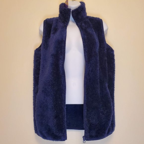 Emily Stacy Womens Missy Fleece Blue Zip Up Mock-Neck Teddy Vest w/Pockets - (M) - Picture 1 of 14